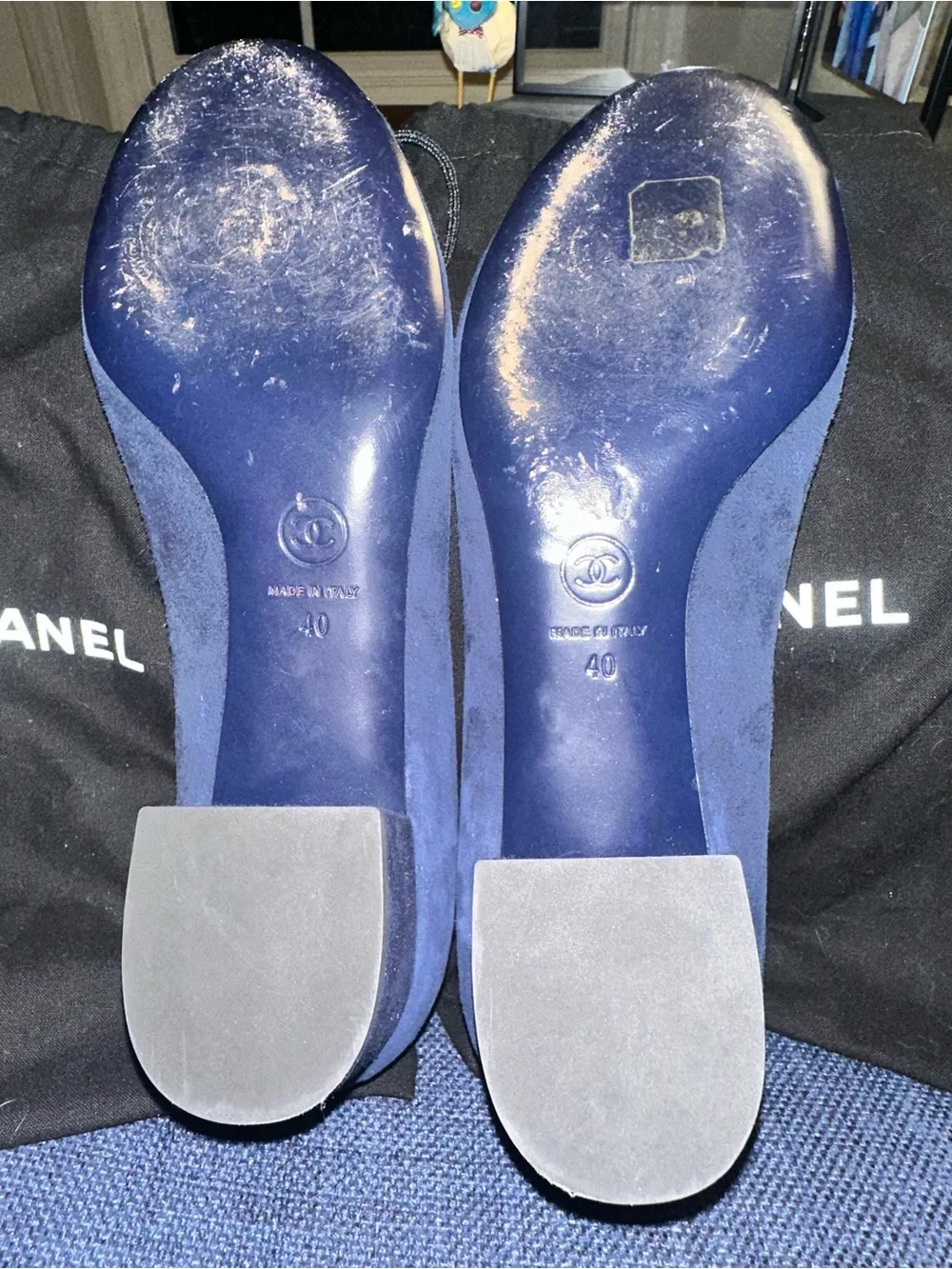 Chanel Navy Suede Block Heel Pumps with Camellia Accent